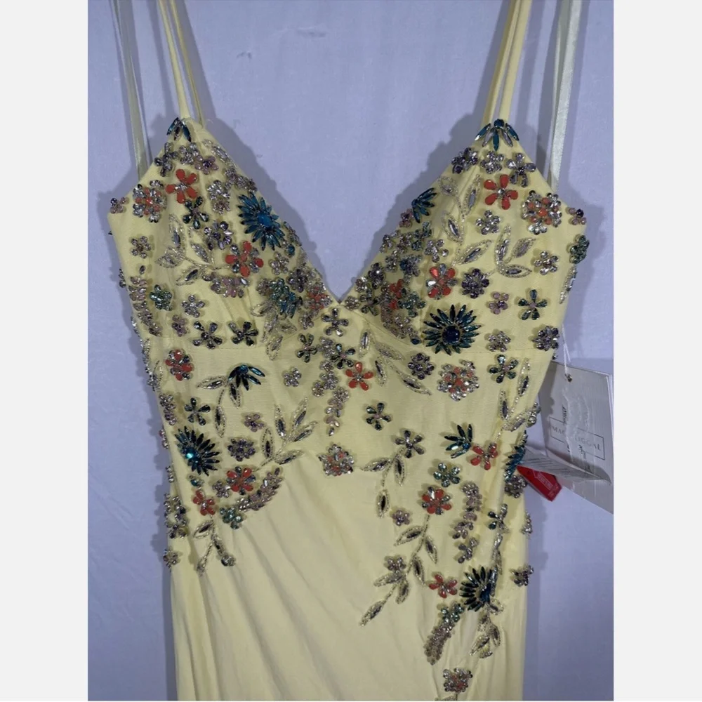 NWT Mac Duggal [ 4 ] Multi Color Beaded Floral Cami‎ Slit Gown Yellow - Picture 7 of 15